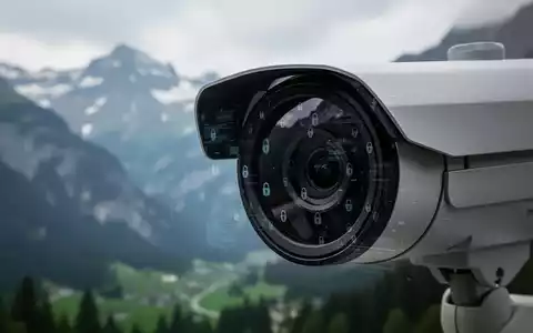 Eine Nahaufnahme des Objektivs einer Überwachungskamera mit einer unscharfen Schweizer Berglandschaft im Hintergrund und subtilen digitalen Symbolen. - Foto: über boerse-global.de