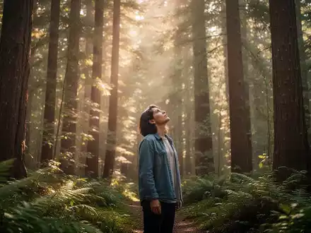 Eine Person steht in einem sonnendurchfluteten Wald, umgeben von hohen Bäumen und üppigem Grün, das eine ruhige Atmosphäre schafft. - Foto: über boerse-global.de