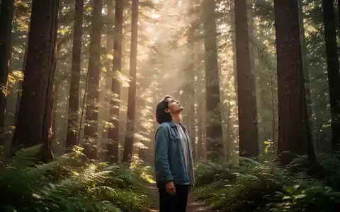 Eine Person steht in einem sonnendurchfluteten Wald, umgeben von hohen Bäumen und üppigem Grün, das eine ruhige Atmosphäre schafft. - Foto: über boerse-global.de