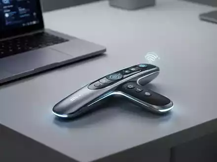 Schlanke, futuristische Präsentationsfernbedienung mit dezent leuchtenden Elementen auf einem minimalistischen Schreibtisch neben einem Laptop, die integrierte KI-Übersetzung und Multifunktionalität andeutet. - Foto: über boerse-global.de