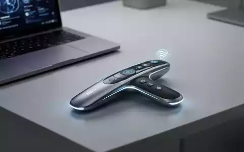 Schlanke, futuristische Präsentationsfernbedienung mit dezent leuchtenden Elementen auf einem minimalistischen Schreibtisch neben einem Laptop, die integrierte KI-Übersetzung und Multifunktionalität andeutet. - Foto: über boerse-global.de