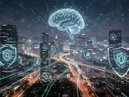 Eine futuristische digitale Stadtansicht von Seoul bei Nacht mit Datenflüssen und Cybersicherheitssymbolen, die KI gegen Cyberkriminalität darstellen. - Foto: über boerse-global.de