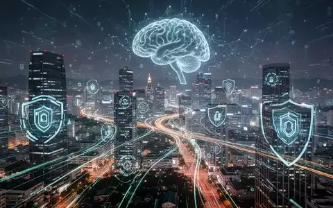 Eine futuristische digitale Stadtansicht von Seoul bei Nacht mit Datenflüssen und Cybersicherheitssymbolen, die KI gegen Cyberkriminalität darstellen. - Foto: über boerse-global.de