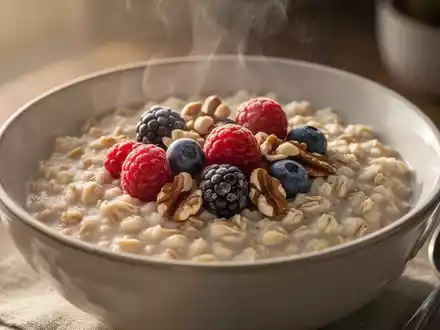 Eine Nahaufnahme einer Schüssel Haferflocken mit Beeren und Nüssen, perfekt zubereitet für ein gesundes Frühstück. - Foto: über boerse-global.de