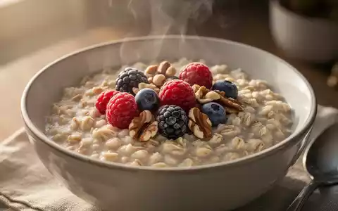 Eine Nahaufnahme einer Schüssel Haferflocken mit Beeren und Nüssen, perfekt zubereitet für ein gesundes Frühstück. - Foto: über boerse-global.de