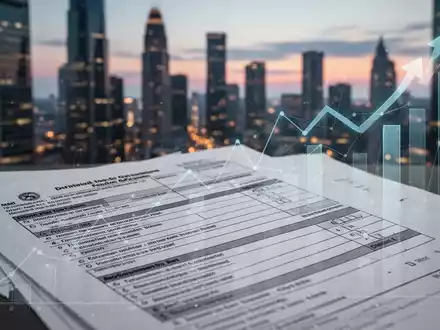 Ein detailliertes, stilisiertes Rechtsdokument oder Steuerformular mit einem unscharfen Hintergrund einer modernen Stadtlandschaft in der Dämmerung. - Foto: über boerse-global.de