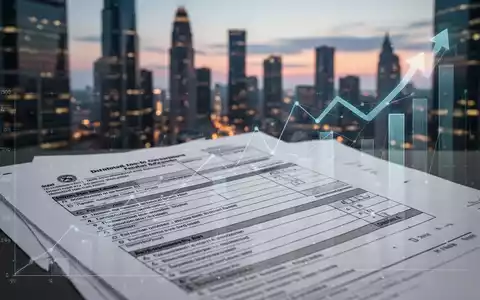Ein detailliertes, stilisiertes Rechtsdokument oder Steuerformular mit einem unscharfen Hintergrund einer modernen Stadtlandschaft in der Dämmerung. - Foto: über boerse-global.de