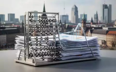 Eine stilisierte Darstellung eines modernen Abakus oder gestapelter Finanzdokumente vor einer verschwommenen deutschen Stadtkulisse. - Foto: über boerse-global.de