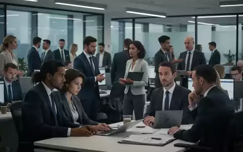 Eine Gruppe von Büroangestellten in einem modernen Büro, die Diskussionen führen und arbeiten, mit einem Hauch von Unsicherheit in ihren Ausdrücken. - Foto: über boerse-global.de