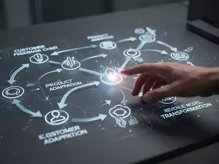 Ein stilisiertes, beleuchtetes Flussdiagramm auf einem minimalistischen Schreibtisch, das Kundenfeedback, Produktanpassung und Umsatzmodell-Transformation darstellt. - Foto: über boerse-global.de