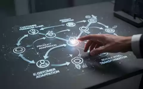 Ein stilisiertes, beleuchtetes Flussdiagramm auf einem minimalistischen Schreibtisch, das Kundenfeedback, Produktanpassung und Umsatzmodell-Transformation darstellt. - Foto: über boerse-global.de