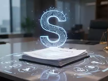 Stilisiertes leuchtendes digitales 'S' für Spellbook über Rechtsdokumenten, futuristische Benutzeroberfläche auf modernem Schreibtisch. - Foto: über boerse-global.de