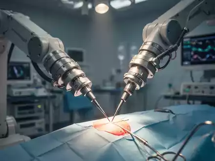 Ein robotergestützter chirurgischer Arm mit Präzisionsinstrumenten führt eine Operation in einem modernen Operationssaal durch, beleuchtet von sanftem Licht. - Foto: über boerse-global.de