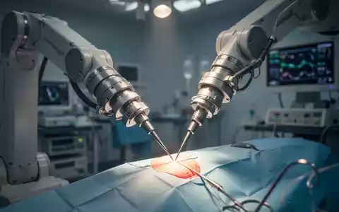 Ein robotergestützter chirurgischer Arm mit Präzisionsinstrumenten führt eine Operation in einem modernen Operationssaal durch, beleuchtet von sanftem Licht. - Foto: über boerse-global.de