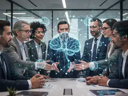 Ingenieure und Führungskräfte arbeiten rund um eine holografische KI-Projektion zusammen, die Unternehmens-KI-Integration und Problemlösung symbolisiert. - Foto: über boerse-global.de