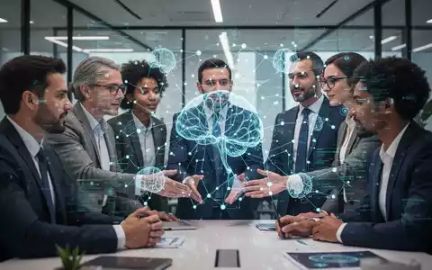 Ingenieure und Führungskräfte arbeiten rund um eine holografische KI-Projektion zusammen, die Unternehmens-KI-Integration und Problemlösung symbolisiert. - Foto: über boerse-global.de