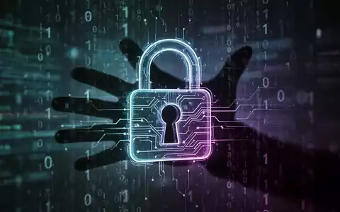 Ein stilisiertes digitales Vorhängeschloss vor verschwommenen Datenströmen, eine schattenhafte Hand greift danach. Symbolisiert Online-Betrug und Cybersicherheit. - Foto: über boerse-global.de