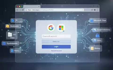 Stilisierte Browser-Oberfläche mit Google- und Microsoft-Login-Optionen, Linien zeigen Datensynchronisation. - Foto: über boerse-global.de