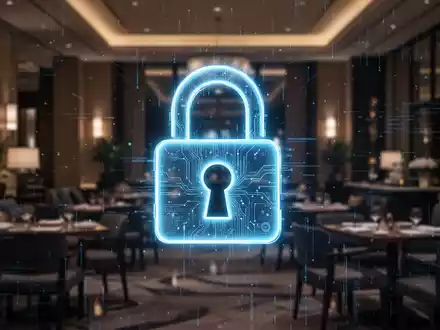Leuchtendes Vorhängeschloss-Symbol über unscharfer Hotelhalle, symbolisiert Cybersicherheitsrisiken in der Hotellerie. - Foto: über boerse-global.de