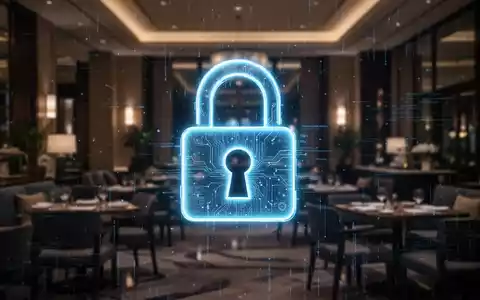 Leuchtendes Vorhängeschloss-Symbol über unscharfer Hotelhalle, symbolisiert Cybersicherheitsrisiken in der Hotellerie. - Foto: über boerse-global.de