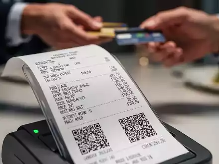Nahaufnahme einer digitalen Quittung für ein Geschäftsessen mit Finanzdaten und QR-Code. Im Hintergrund unscharf Hände beim Bezahlen. - Foto: über boerse-global.de