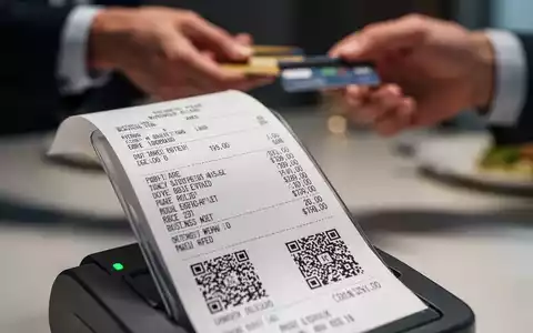 Nahaufnahme einer digitalen Quittung für ein Geschäftsessen mit Finanzdaten und QR-Code. Im Hintergrund unscharf Hände beim Bezahlen. - Foto: über boerse-global.de