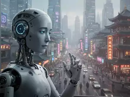 Ein humanoider Roboter mit einem subtilen, melancholischen Ausdruck blickt aus einem Fenster auf eine futuristische chinesische Stadt. - Foto: über boerse-global.de