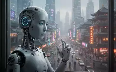 Ein humanoider Roboter mit einem subtilen, melancholischen Ausdruck blickt aus einem Fenster auf eine futuristische chinesische Stadt. - Foto: über boerse-global.de