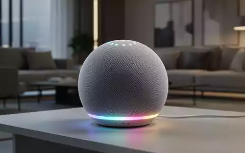 Moderner, kugelförmiger Smart-Home-Lautsprecher im Wohnzimmer mit Strickstoff-Textur und leuchtendem LED-Lichtring. - Foto: über boerse-global.de