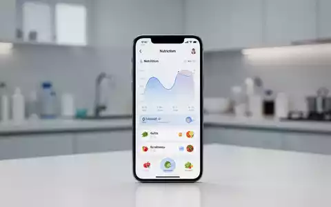 Ein Smartphone zeigt eine App zum Kalorienzählen mit stilisierten Lebensmittelsymbolen und Datenvisualisierungen. Im Hintergrund eine moderne Küche. - Foto: über boerse-global.de