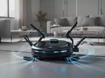 Ein futuristischer Saugroboter mit ausfahrbaren Armen reinigt einen modernen Wohnzimmerboden, symbolisiert technologischen Fortschritt in der Haushaltsführung. - Foto: über boerse-global.de