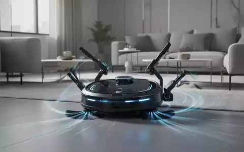 Ein futuristischer Saugroboter mit ausfahrbaren Armen reinigt einen modernen Wohnzimmerboden, symbolisiert technologischen Fortschritt in der Haushaltsführung. - Foto: über boerse-global.de