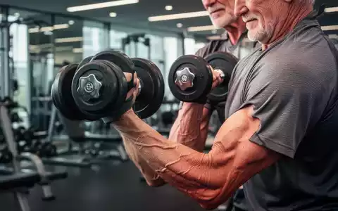 Eine muskulöse ältere Person, die einen Hantel-Bizeps-Curl in einem modernen Fitnessstudio ausführt, betont Muskeldefinition und Stärke. - Foto: über boerse-global.de