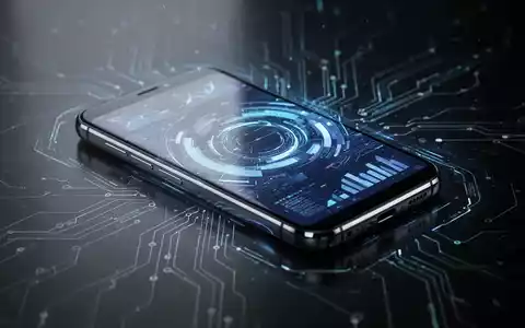 Schlankes, futuristisches Smartphone mit leuchtendem Bildschirm, umgeben von digitalen Linien und Schaltkreismustern, auf dunkler, reflektierender Oberfläche. - Foto: über boerse-global.de