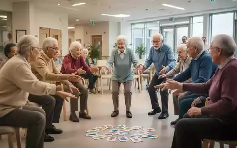 Senioren nehmen an einer Gruppenaktivität teil, die Gedächtnis und Bewegung kombiniert, in einem hellen Gemeinschaftsraum. - Foto: über boerse-global.de