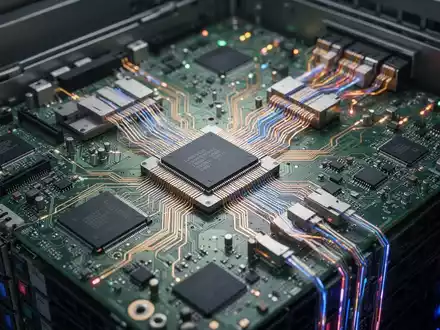 Nahaufnahme komplexer Leiterplatten und verbundener Komponenten in einem Serverrack, symbolisiert Herausforderungen der fortschrittlichen KI-Hardware-Fertigung. - Foto: über boerse-global.de
