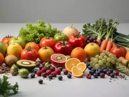 Eine Anordnung von bunten Früchten und Gemüse auf einer minimalistischen Oberfläche, die Gesundheit und natürliche Verbindungen darstellt. - Foto: über boerse-global.de