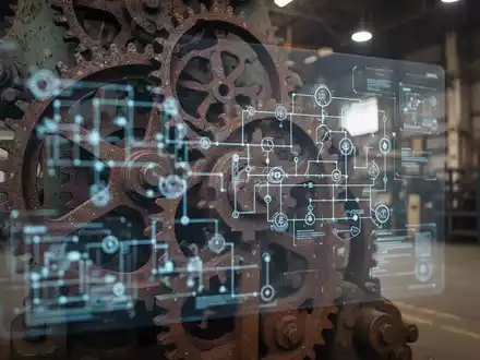 Nahaufnahme von rostigen Industriezahnrädern, überlagert von digitalen Bauplänen auf einem Bildschirm, im Hintergrund eine Fabrikhalle. - Foto: über boerse-global.de