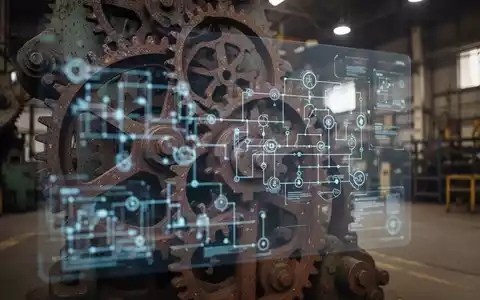 Nahaufnahme von rostigen Industriezahnrädern, überlagert von digitalen Bauplänen auf einem Bildschirm, im Hintergrund eine Fabrikhalle. - Foto: über boerse-global.de