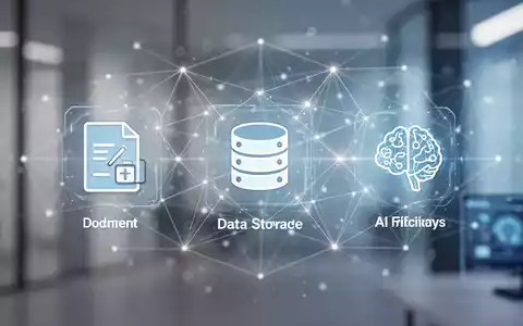 Stilisierte digitale Oberfläche mit Dokumentsymbolen, Cloud-Speicher und KI-Gehirn-Icon, verbunden durch leuchtende Linien. - Foto: über boerse-global.de