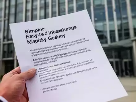 Eine Hand hält ein Dokument in Leichter Sprache vor einem unscharfen modernen Regierungsgebäude. - Foto: über boerse-global.de