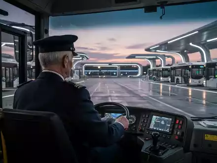 Ein Busfahrer in Uniform steht in einem leeren Busdepot bei Dämmerung und blickt nachdenklich in die Ferne. - Foto: über boerse-global.de