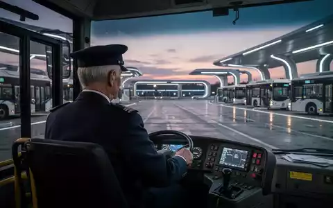 Ein Busfahrer in Uniform steht in einem leeren Busdepot bei Dämmerung und blickt nachdenklich in die Ferne. - Foto: über boerse-global.de