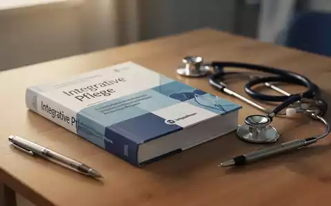 Ein deutsches Buch mit dem Titel 'Integrative Pflege' liegt auf einem Holztisch, daneben ein Stethoskop und ein Stift. - Foto: über boerse-global.de