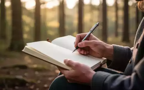 Hände halten ein offenes Notizbuch und einen Stift, schreiben in einer ruhigen Naturumgebung mit Bäumen im Hintergrund. - Foto: über boerse-global.de