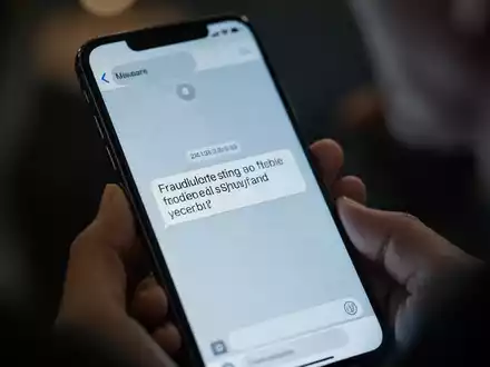 Nahaufnahme eines Smartphone-Bildschirms mit einer betrügerischen SMS-Nachricht und unscharfem Hintergrund von Händen, die das Telefon halten. - Foto: über boerse-global.de