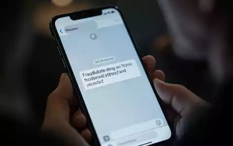 Nahaufnahme eines Smartphone-Bildschirms mit einer betrügerischen SMS-Nachricht und unscharfem Hintergrund von Händen, die das Telefon halten. - Foto: über boerse-global.de