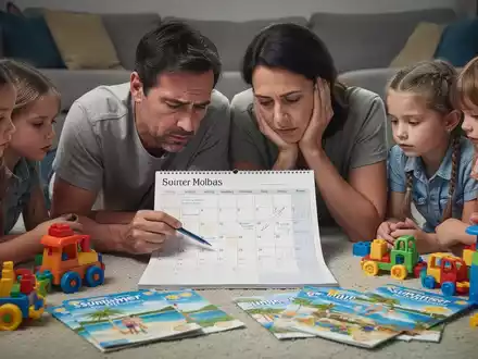 Erschöpfte Eltern betrachten einen Kalender, umgeben von Spielzeug und Ferienbroschüren, die den Stress der Sommerferienplanung symbolisieren. - Foto: über boerse-global.de