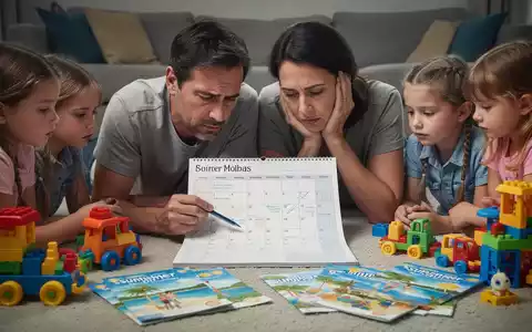 Erschöpfte Eltern betrachten einen Kalender, umgeben von Spielzeug und Ferienbroschüren, die den Stress der Sommerferienplanung symbolisieren. - Foto: über boerse-global.de