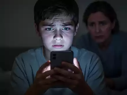 Ein junger Mensch hält ein leuchtendes Smartphone, das Gesicht vom Bildschirm beleuchtet, mit einer verschwommenen Elternfigur im Hintergrund. - Foto: über boerse-global.de